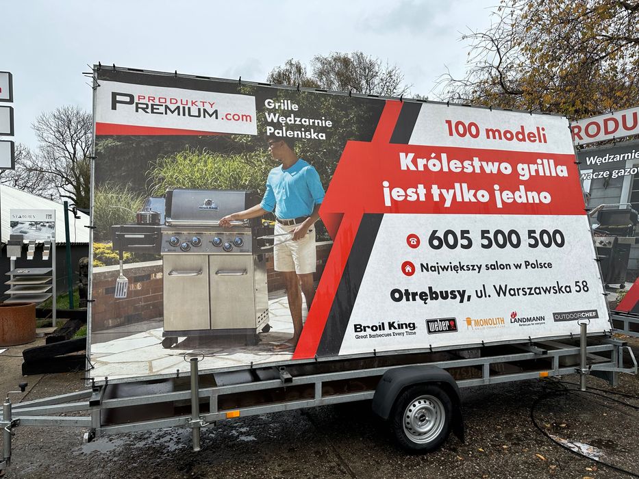 Przyczepa reklamowa 450 x 230 stelaż zdejmowany na przyczepie 450x125