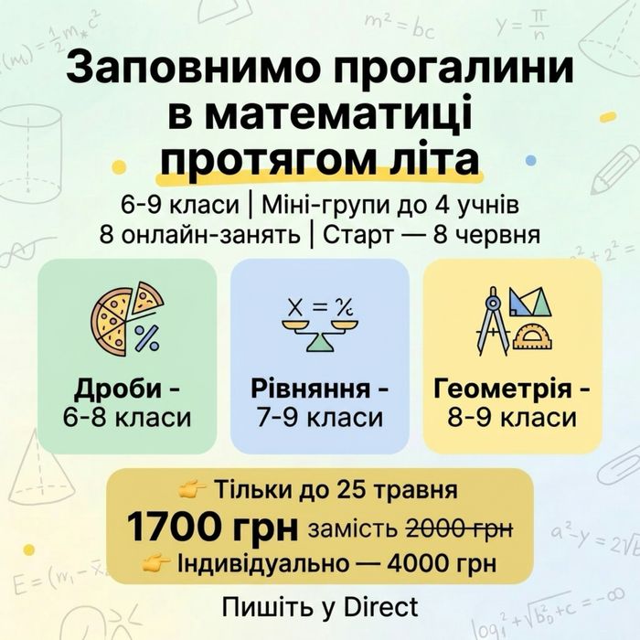 Онлайн-інтенсиви з математики — 6–9 клас, старт 8 червня