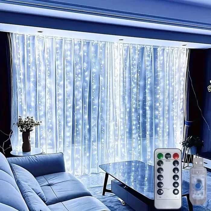 LAMPKI 300 LED 3x3m KURTYNA ŚWIETLNA BIAŁE ZIMNE 8 trybów pilot h230