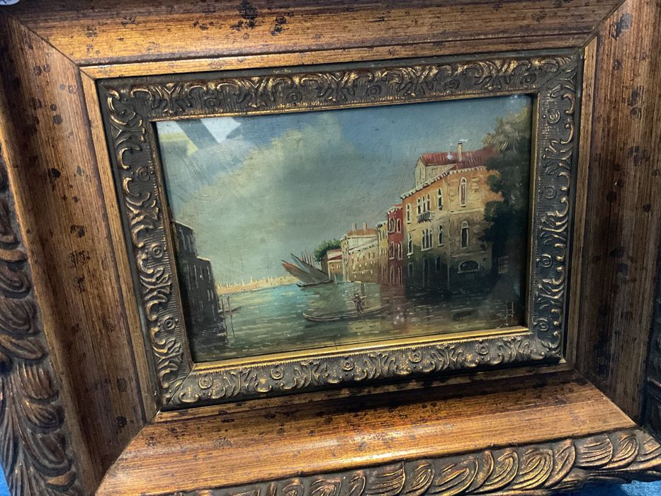 Quadro pintura on board frente com vidro peça vintage 34x29cm