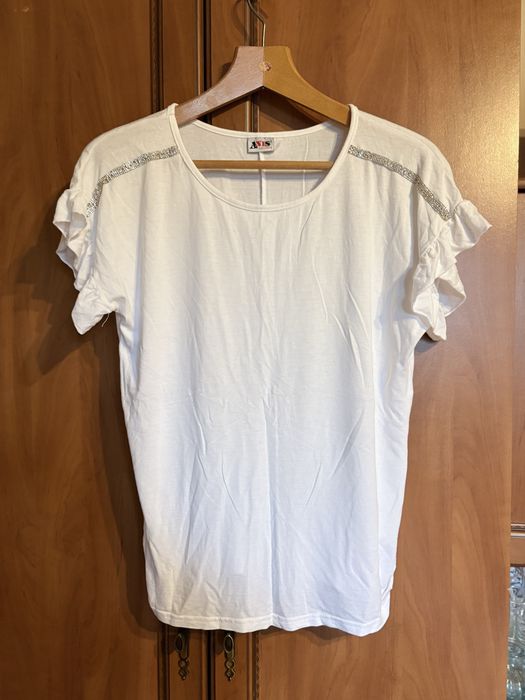 Biała bluzka t-shirt wiskoza falbanki cyrkonie cyrkoniami Anis 42 XL