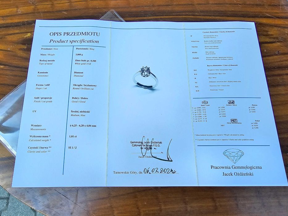 Stary złoty pierścionek diament brylant 1,01 ct