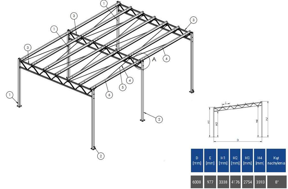 Konstrukcja stalowa ocynkowana wiata garaż 48 m2 (6x8) BEZ POZWOLENIA