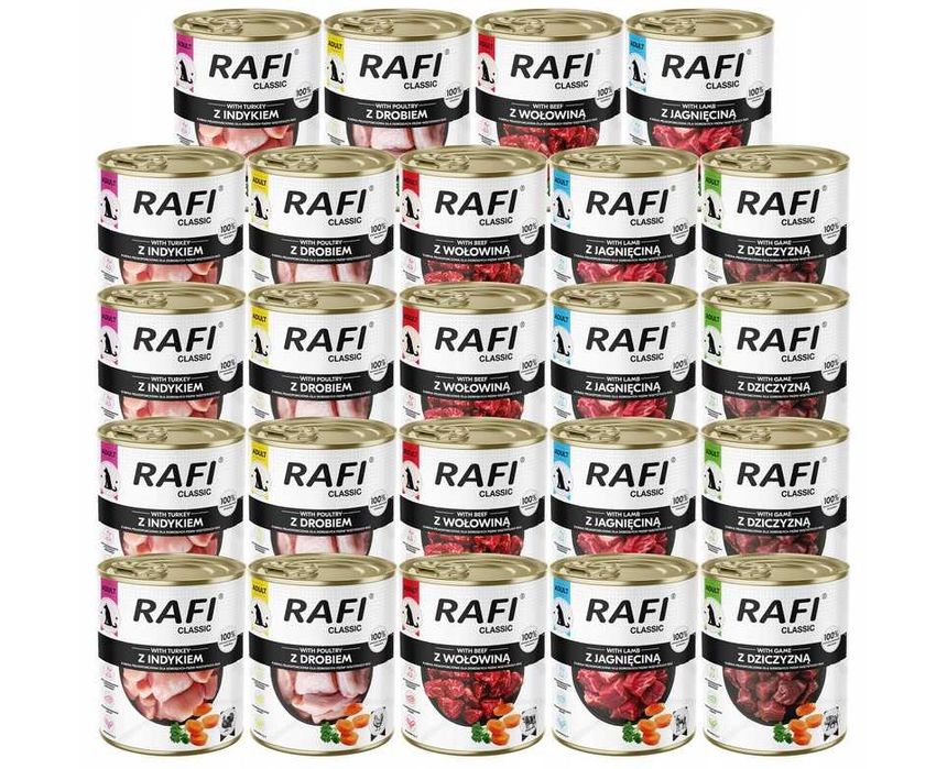 Wyprzedaż asortymentu po pożarze! Karma mokra dla psa RAFI CLASSIC puszki 24x800g
