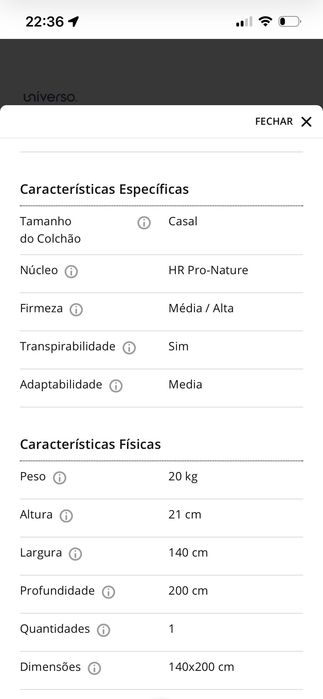 Colchão novo, apenas foi aberto e não dá para devolver ao fornecedor. (140x200x21 cm - HR Pro-Nature)