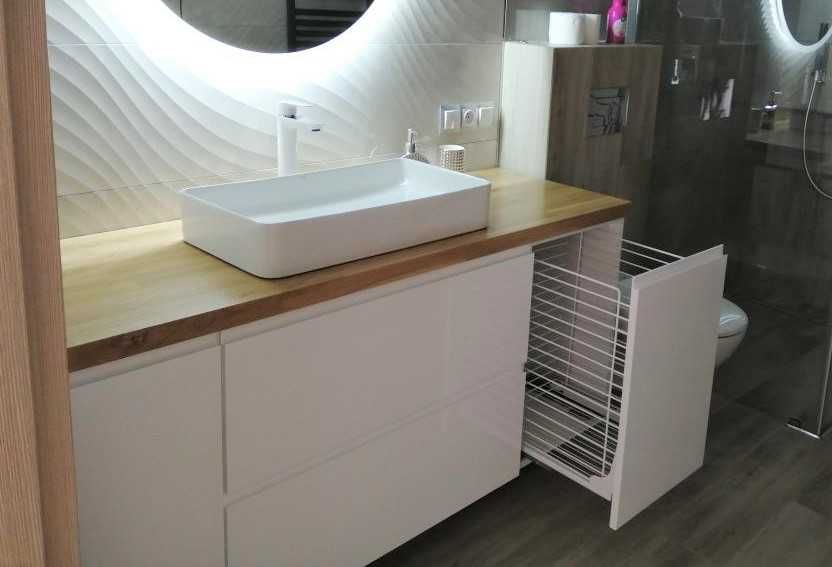 Szafka pod umywalkę z koszem cargo - blat drewniany