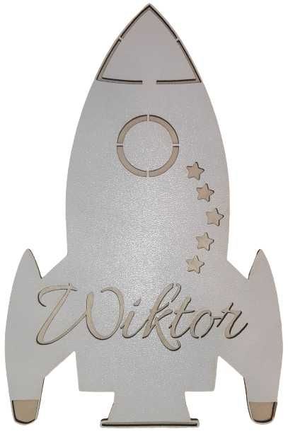 Lampka LED, drewniana,mbaterie, rakieta, imienna, 7 kolorów, 6 frontów