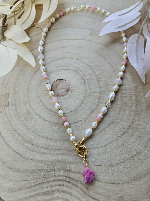 Naszyjnik kamienie naturalne Perły naturalne Opal peruwiański Kwarc