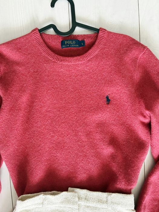 Ralph Lauren wełniany sweter malinowy haftowane logo premium