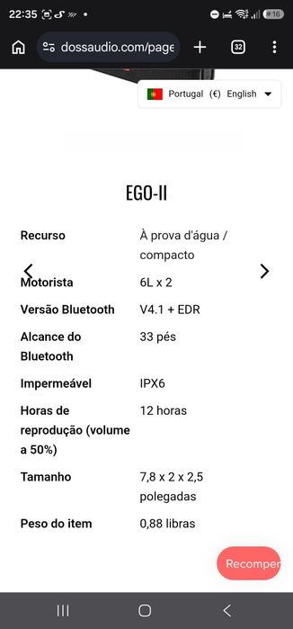 Coluna Bluetooth DOSS E-GO II