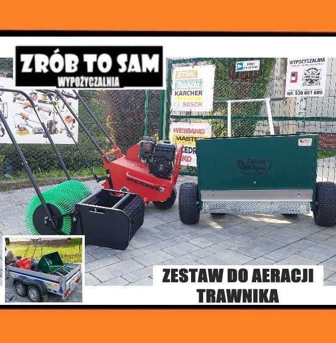 Zestaw do aeracji aerator zbieracz posypywarka niwelator piach wynajem