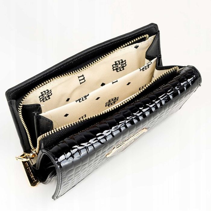 Portfel Damski MONNARI Czarny Lakierowany Skóra Naturalna Elegancki