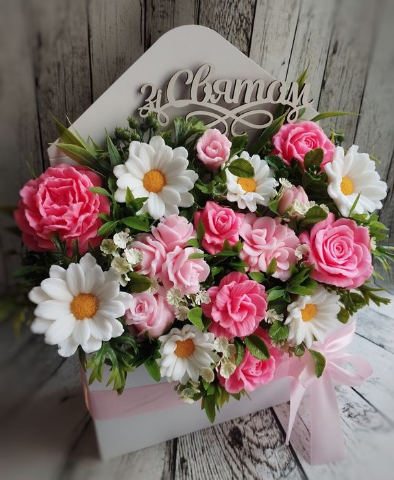 Букет з мила мильні квіти цветы из мыла вчительці піони ромашки рози
