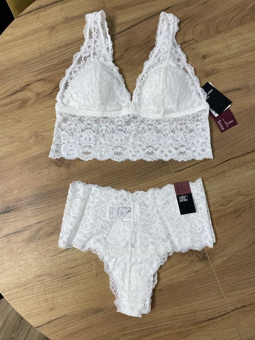 NOWY komplet bielizny H&M biustonosz + figi, biały, koronkowy M/L