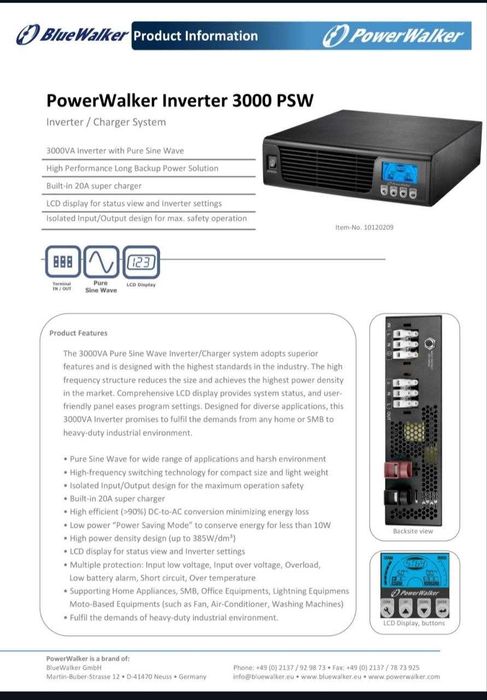 Інвертор Blue PowerWalker Inverter 3000 PSW (Потужність - 3000 ВА / 2400 Вт) 24Вольта безперебійник