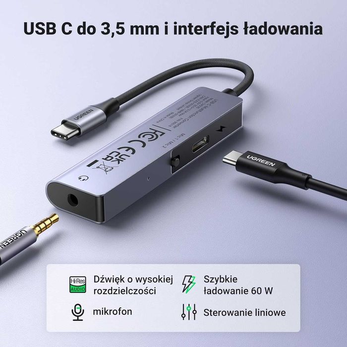 Przejściówka adapter USB C na gniazdo słuchawkowe 3,5mm UGREEN  PD 60W