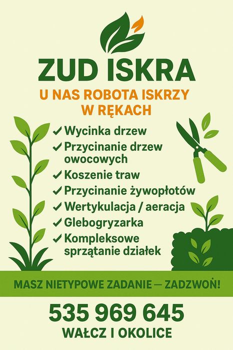 Przycinanie drzew owocowych, koszenie, wycinka drzew, rębak.