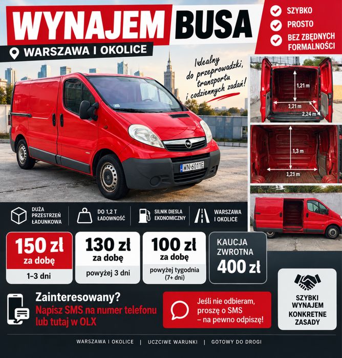 Wynajem busa Warszawa | 150 zł/doba | Taniej od 3 dni