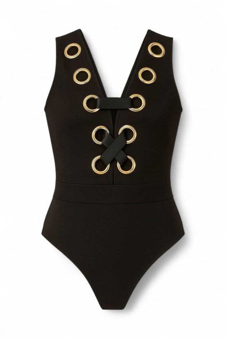 Чёрное боди Ann Summers с золотыми люверсами, под замшу с сеткой