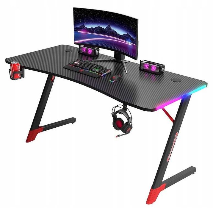 Biurko Gamingowe Komputerowe Stół Dla Gracza Nowoczesne Led 140 Cm Czarne