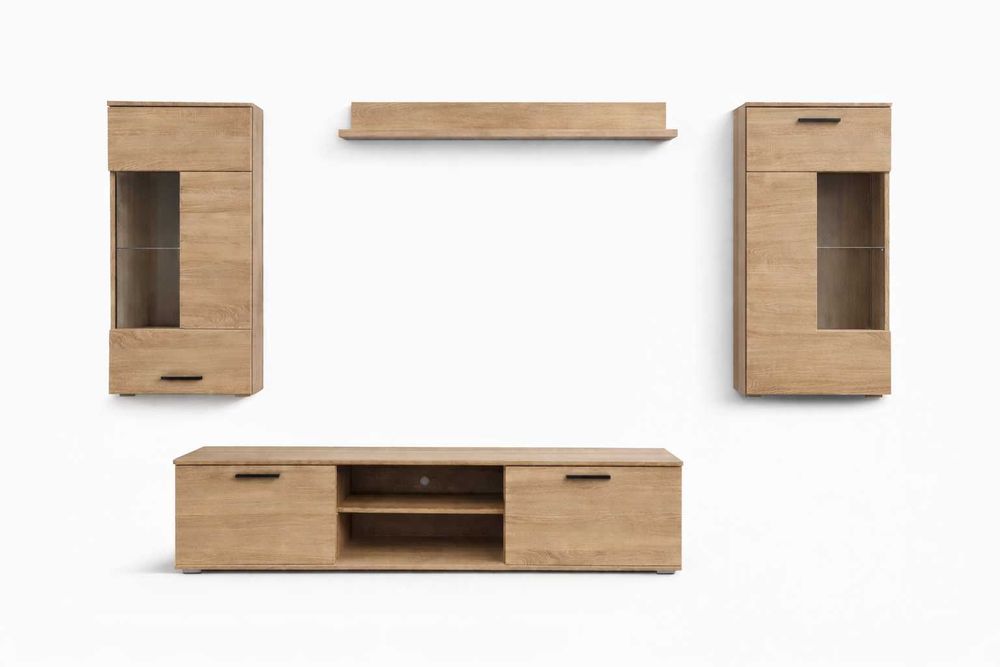 Zestaw mebli dąb sonoma RTV, witrynki, półeczka