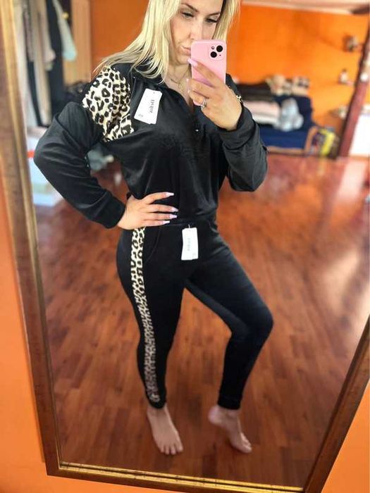 Czarny welurowy dres miękki 40 L Panterka komplet