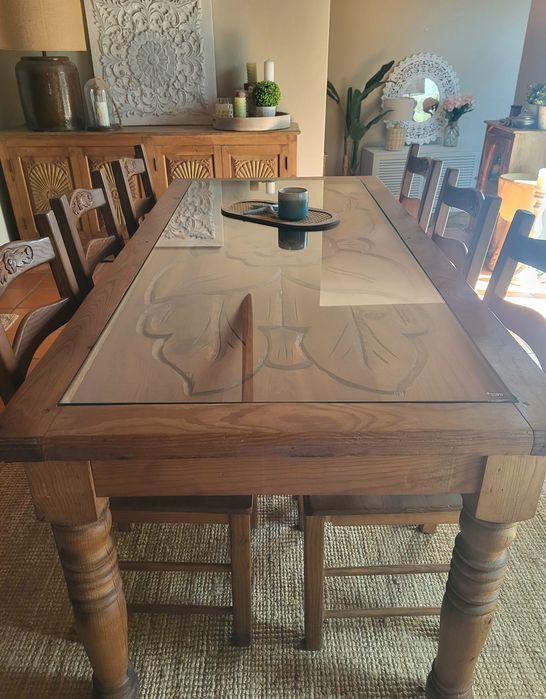 mesa, grande, refeições, cadeiras, talha, mexicano rustico