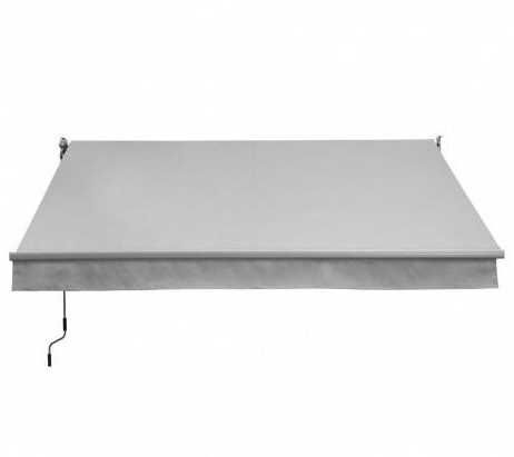 Toldo elétrico com cobertura e tecido beije às riscas