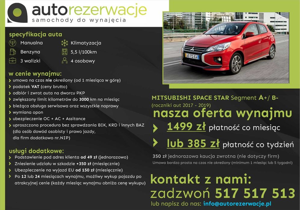 Wynajem wypożyczenie samochodów/aut za 1299 za 30 dni lub 335 co 7 dni