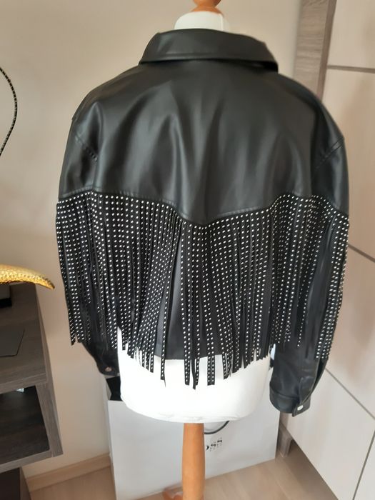 Kurtka Zara frędzle czarna damska ramoneska nity impreza