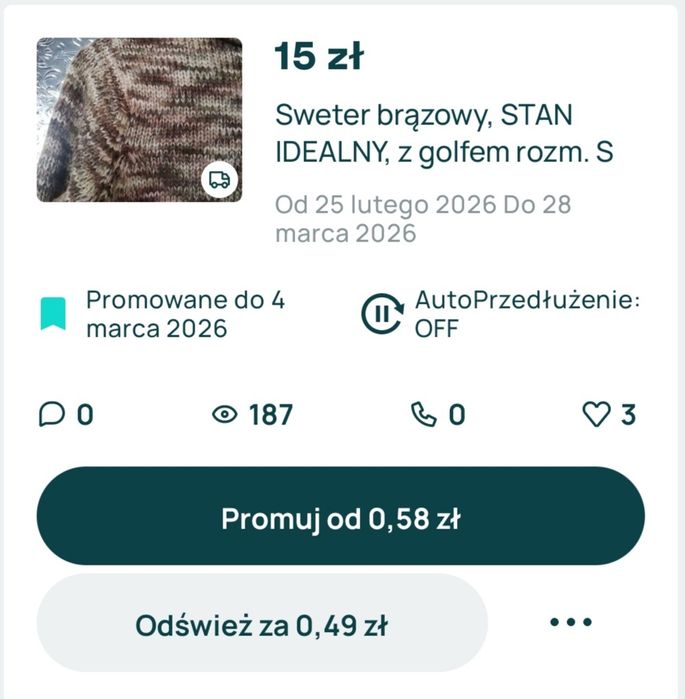 Sweter brązowy, STAN IDEALNY, z golfem rozm. S