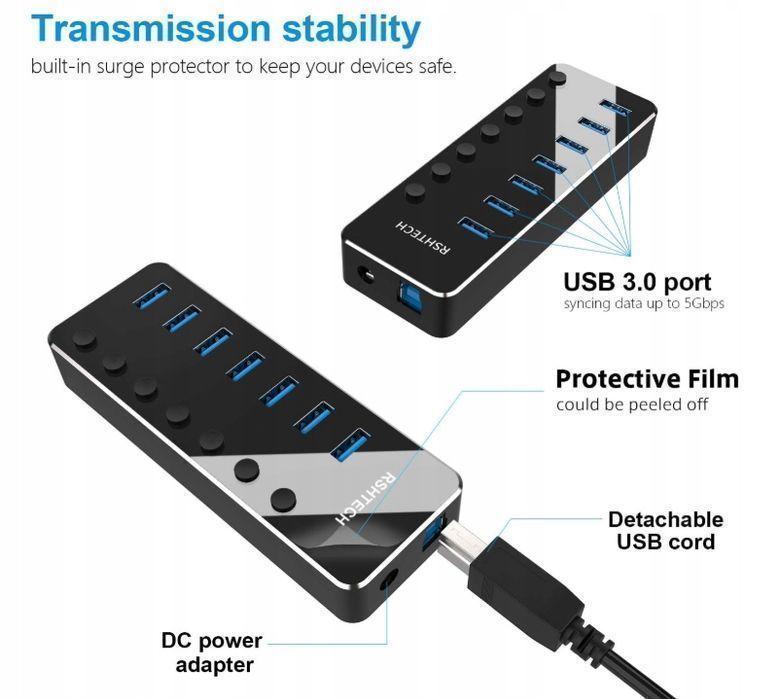 RSHTECH Hub USB 3.0 z 10W Zasilacz Aluminiowy 7 portów USB POWYSTAWOWY