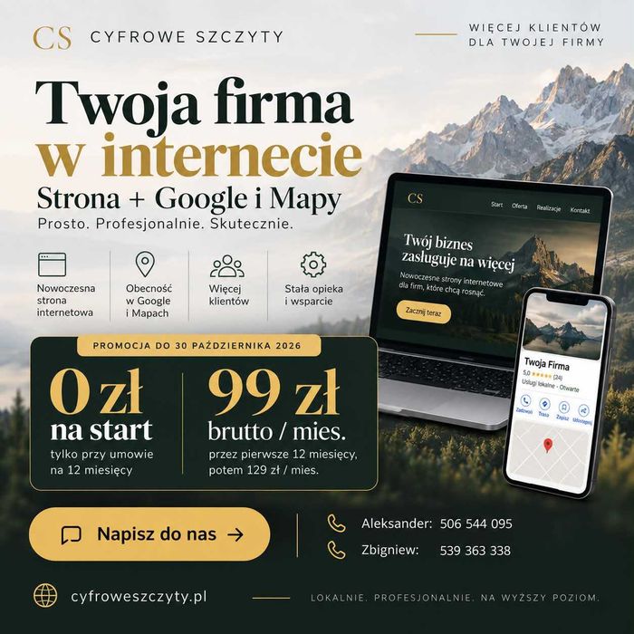 Strona internetowa dla firmy + Google i Mapy | 0 zł na start