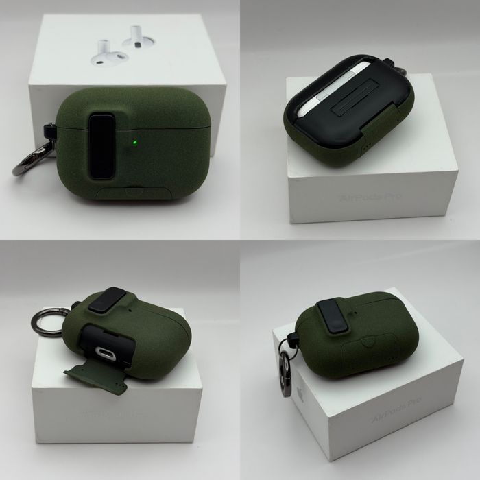 Чехол на AirPods Pro 3 Grey, AirPods Pro 2 Grey, AirPods 4 Green, противоударный, открывается автоматически кнопкой