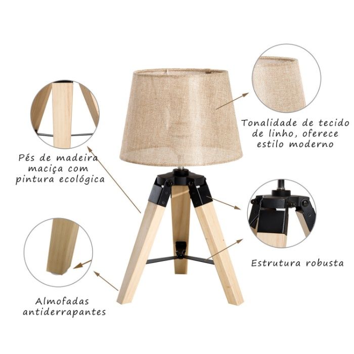 Candeeiro de Mesa Moderno e Original, com Base Tripé de Madeira