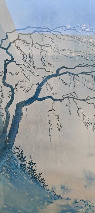 Quadro vintage grande (paisagem azul, casal e flor central)