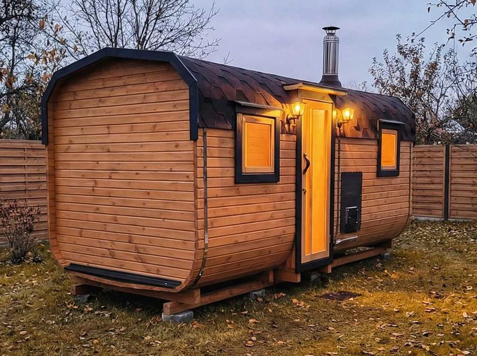 SAUNA Ogrodowa Beczka 5m +GRATISY: Balia do schłodzenia+LED - z piecem