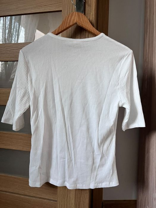 Bialy ażurowy t shirt prążkowany H&M L/40