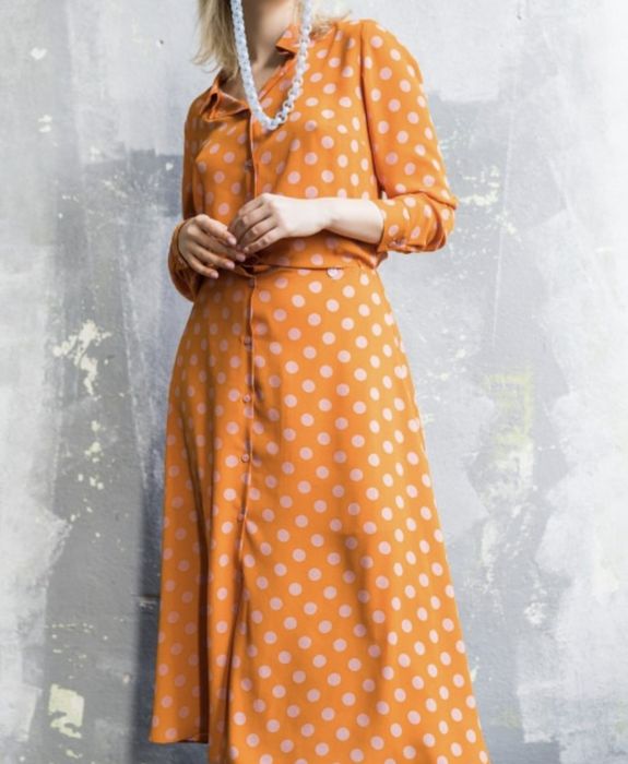Sukienka midi rozkloszowana grochy pomarańczowa koszulowa M 38