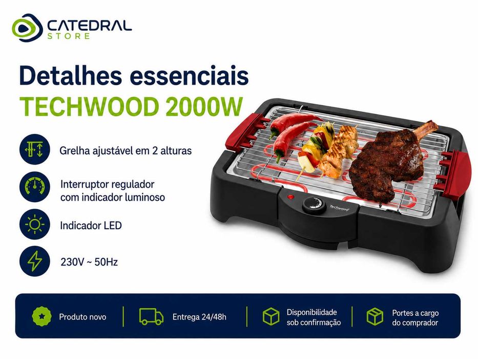 Grelhador Elétrico TECHWOOD 2000W | Grelha Ajustável | Tabuleiro de Água