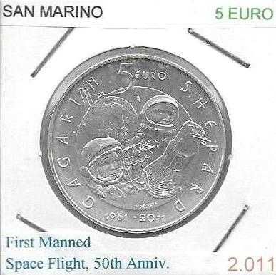 San Marino - - 5 Euros - 2011 - -- Homem no Espaço - -- Moeda de Prata