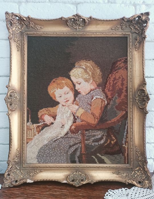 Obraz haftowany, wg. obrazu A. Ankera , stara rama, gobelin