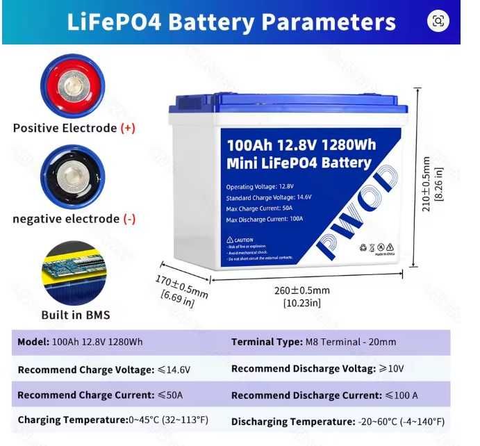 Акумулятор PWOD lifepo4 12v 100ah вбудований BMS LiFePo4 АКБ