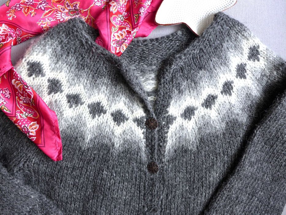 Wełniany ISLANDZKI SWETER rozpinany kardigan S 36 M 38 handmade WEŁNA