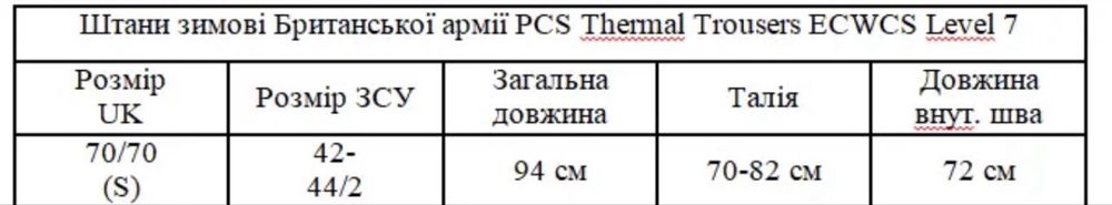 Продаю зимові штани армії Великобританії PCS Thermal Trousers ECWCS Level 7