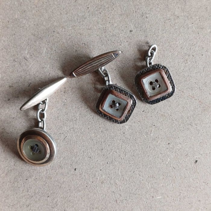 botões de punho vintage, em prata, ouro e madre pérola