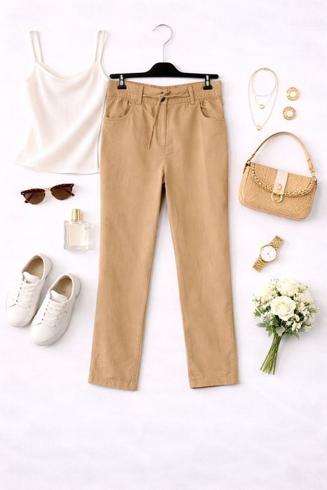 Beżowe spodnie z wiązaniem i wysokim stanem 3XL 46