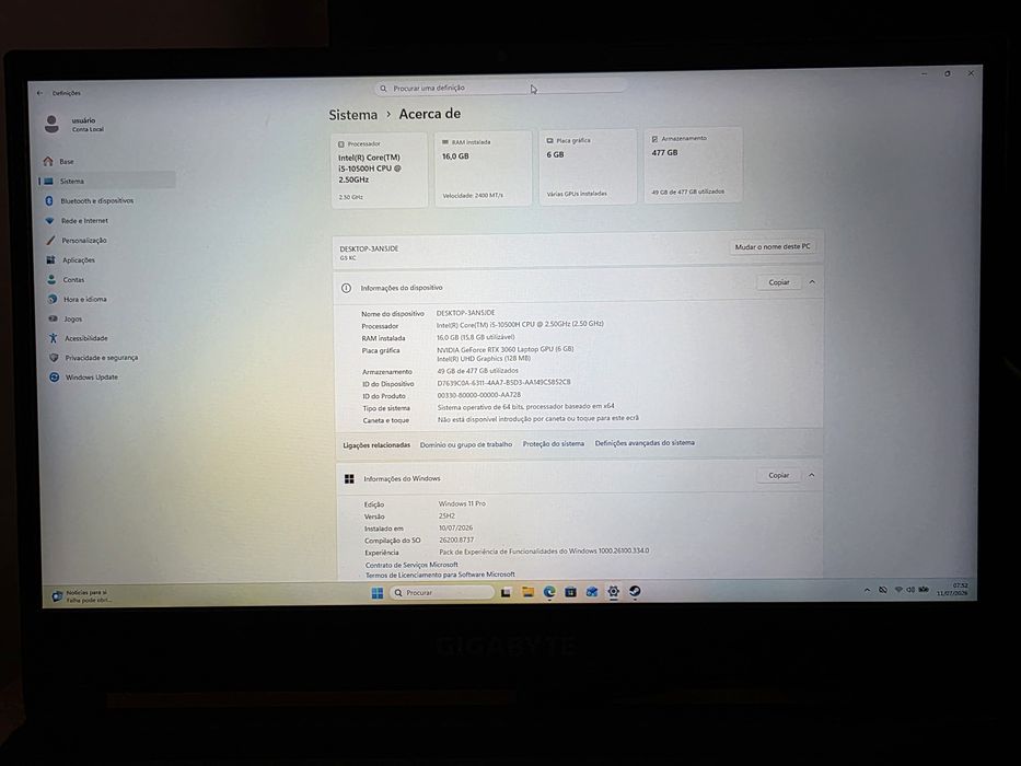 Portátil gaming rtx 3060 6gb, i5 10500H,16gb ram DDR4, 512gb nvme