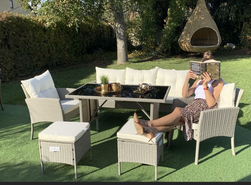Okazja !  Sprzedam nowy zestaw mebli ogrodowych z technorattanu sofa fotel fotele stół wysoki pufy  komplet mebli ogrodowych obiadowych na taras 6 os
