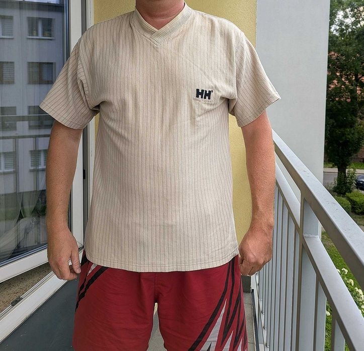 Męski koszulka t-shirt Helly Hansen XL beżowy prążkowany bawełna vintage